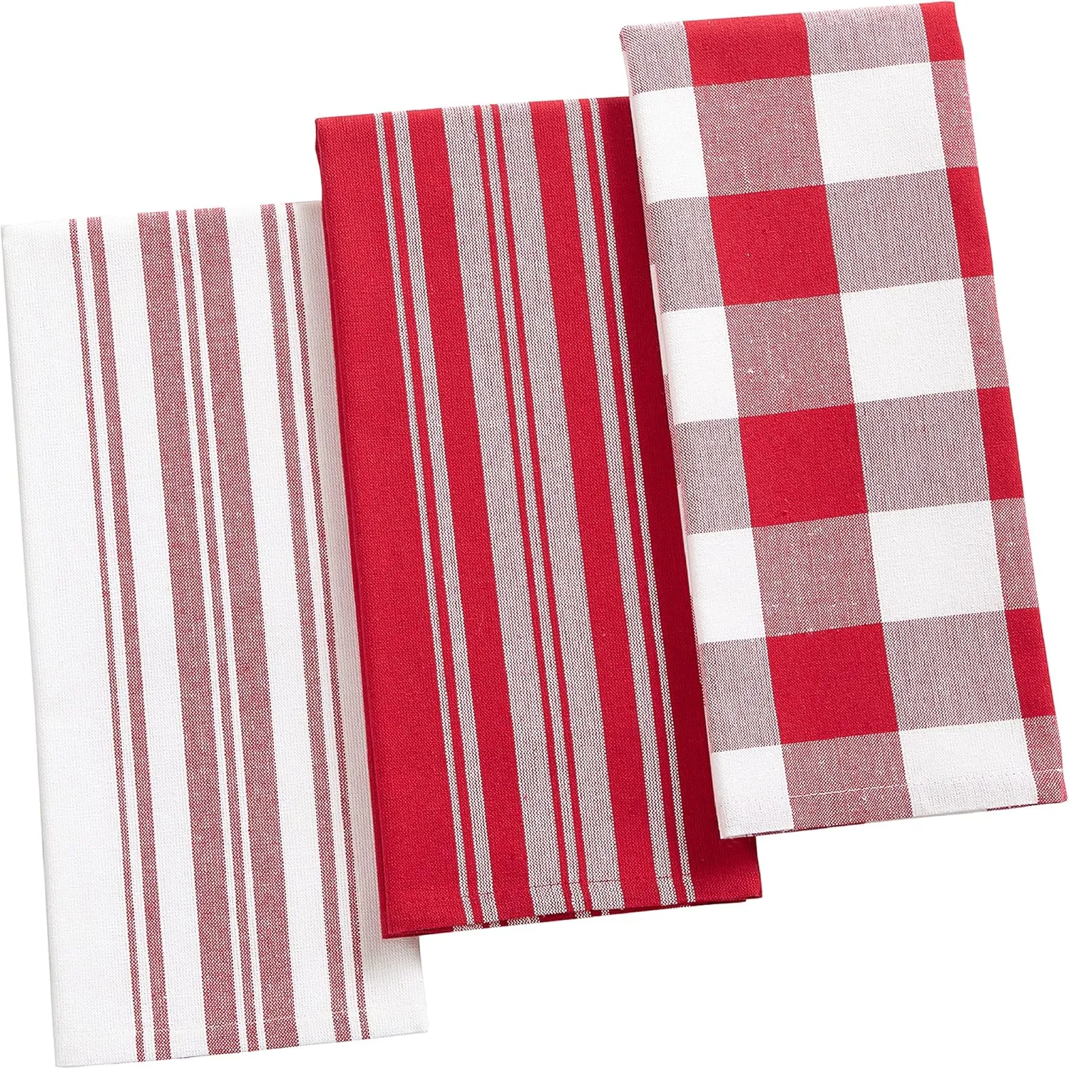 Elrene Home Fashions Farmhouse Living Stripe and Check Kitchen Towels, 17" x 28" (Set of 3), Red/White 3