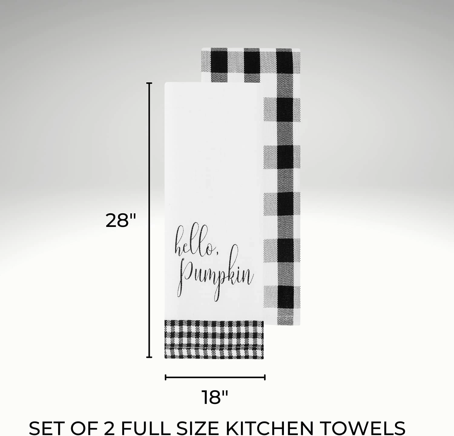 Elrene Home Fashions Farmhouse Living Fall Hello Pumpkin and Check Kitchen Towel Set, 18" x 28", Black/White