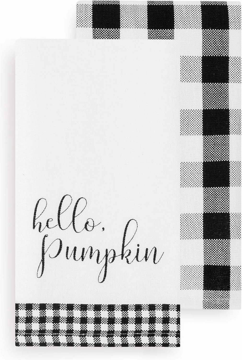 Elrene Home Fashions Farmhouse Living Fall Hello Pumpkin and Check Kitchen Towel Set, 18" x 28", Black/White