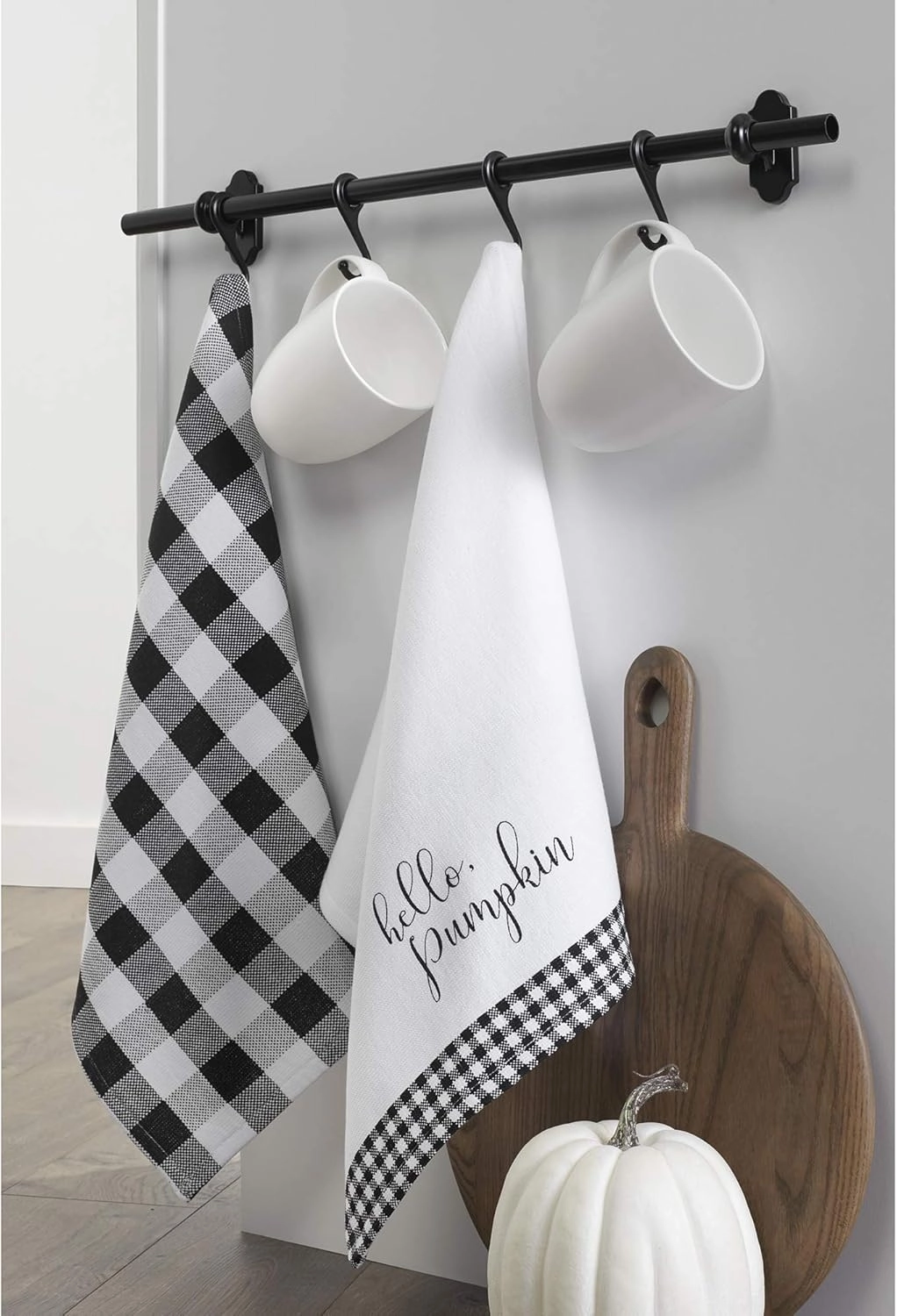 Elrene Home Fashions Farmhouse Living Fall Hello Pumpkin and Check Kitchen Towel Set, 18" x 28", Black/White