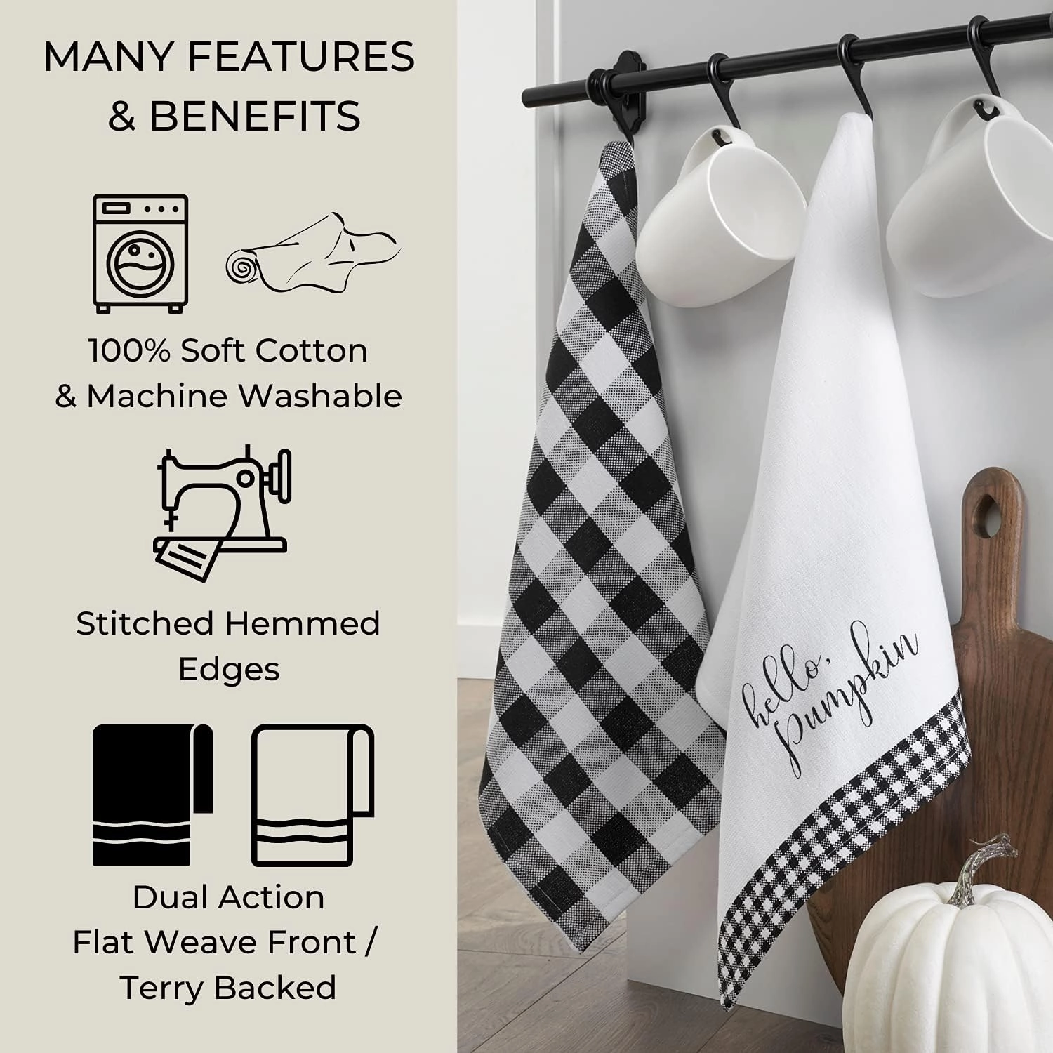 Elrene Home Fashions Farmhouse Living Fall Hello Pumpkin and Check Kitchen Towel Set, 18" x 28", Black/White
