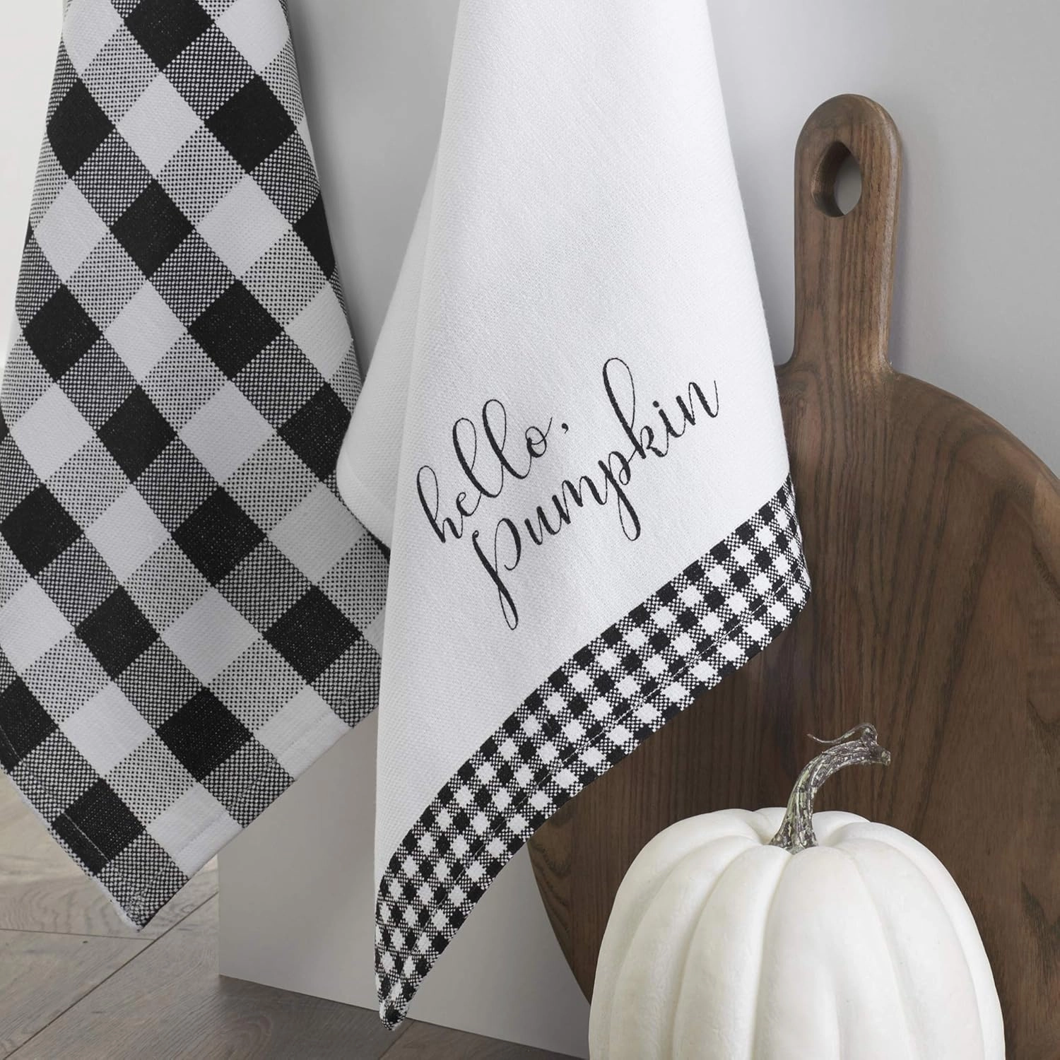 Elrene Home Fashions Farmhouse Living Fall Hello Pumpkin and Check Kitchen Towel Set, 18" x 28", Black/White