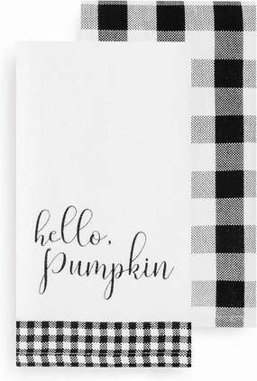 Elrene Home Fashions Farmhouse Living Fall Hello Pumpkin and Check Kitchen Towel Set, 18" x 28", Black/White