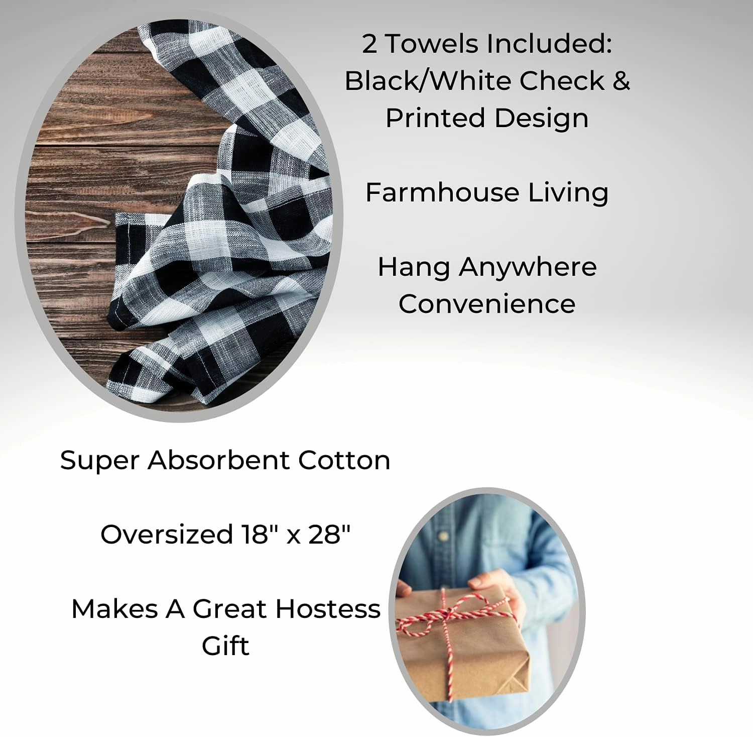 Elrene Home Fashions Farmhouse Living Fall Hello Pumpkin and Check Kitchen Towel Set, 18" x 28", Black/White