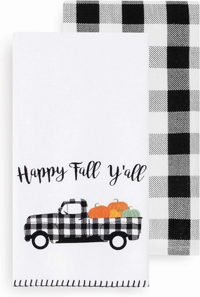 Elrene Home Fashions Farmhouse Living Happy Fall Y'all and Check Farm Truck Kitchen Towel Set, 18" x 28", Black/White, 18" x 28" (Kitchen Towels)