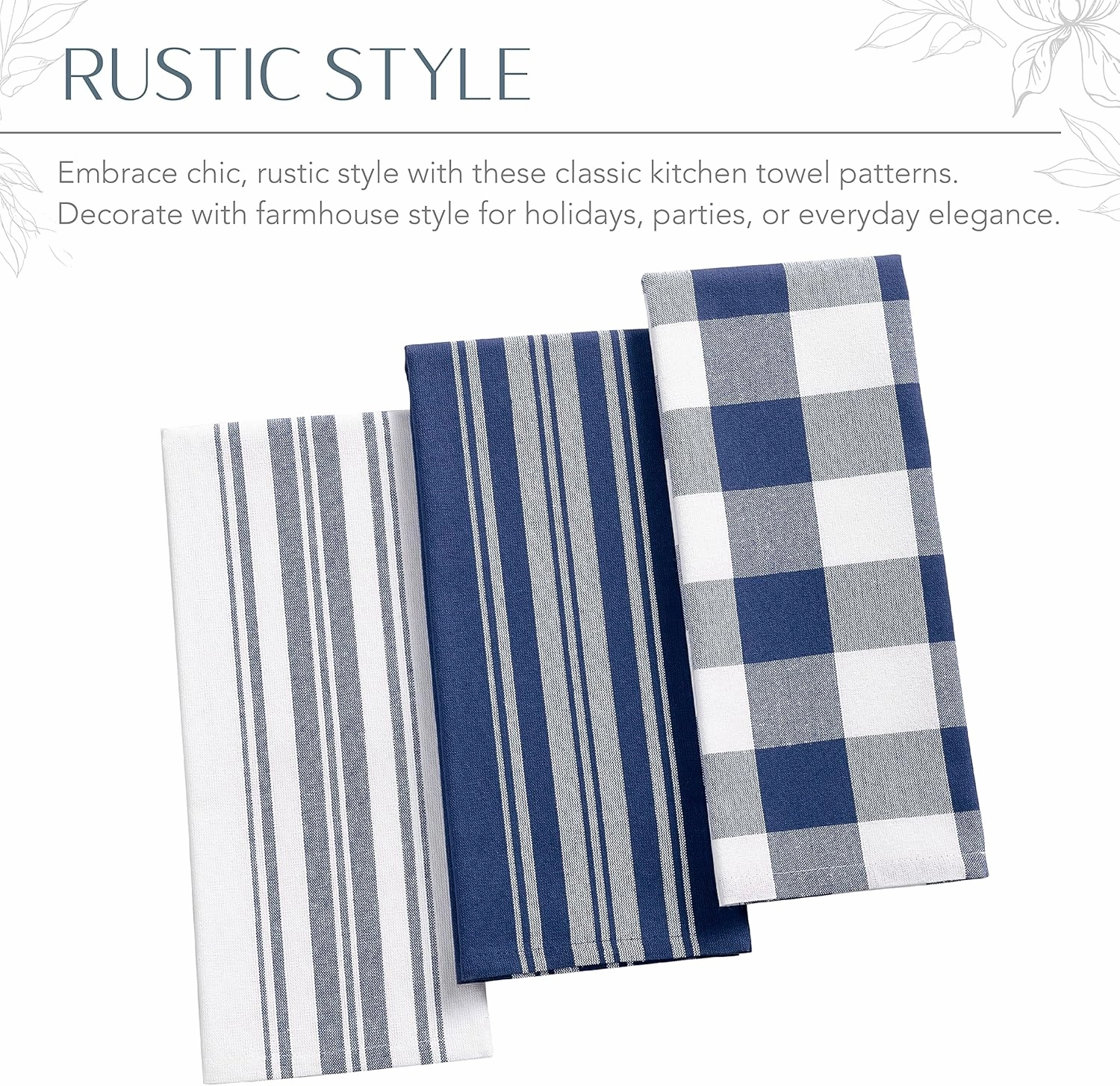 Elrene Home Fashions Farmhouse Living Stripe and Check Kitchen Towels, 17" x 28" (Set of 3), Blue/White 3
