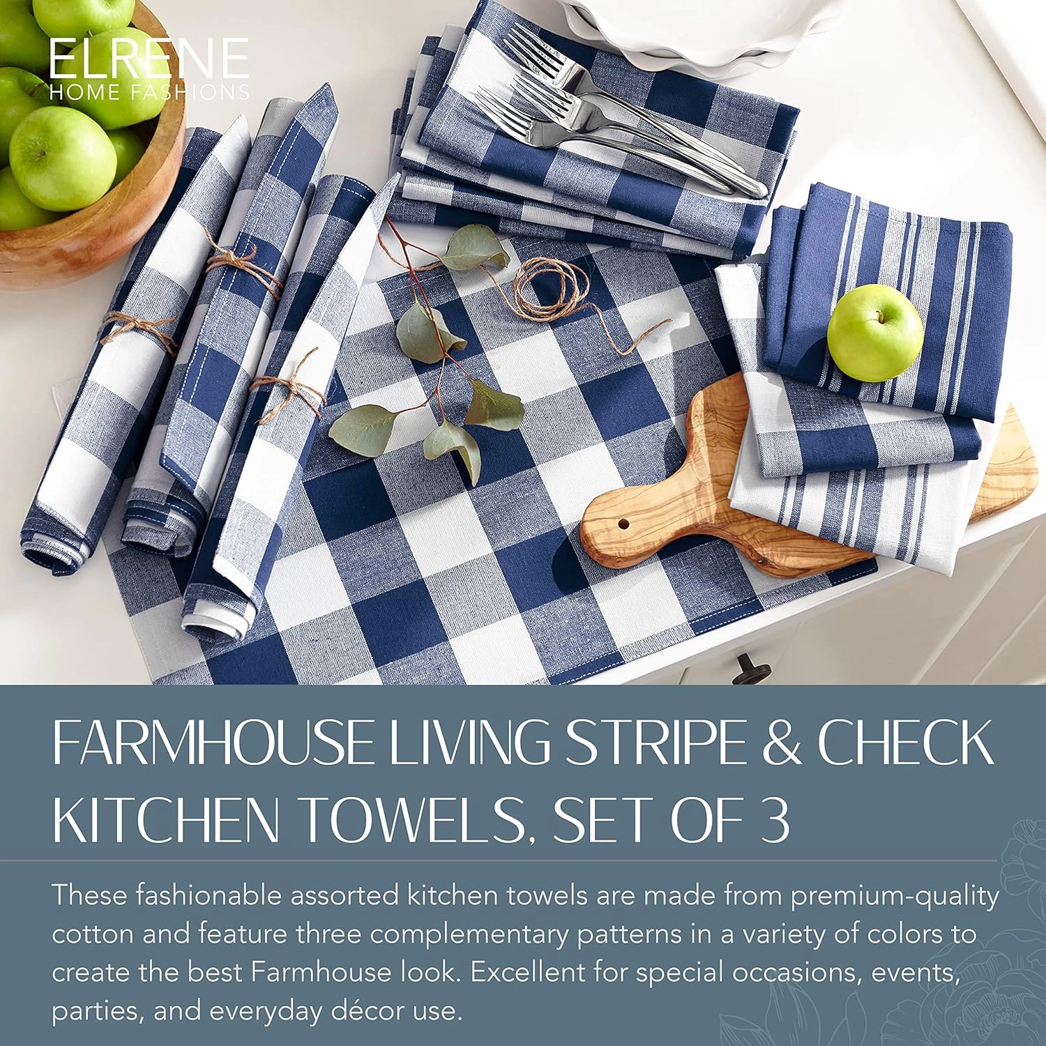 Elrene Home Fashions Farmhouse Living Stripe and Check Kitchen Towels, 17" x 28" (Set of 3), Blue/White 3