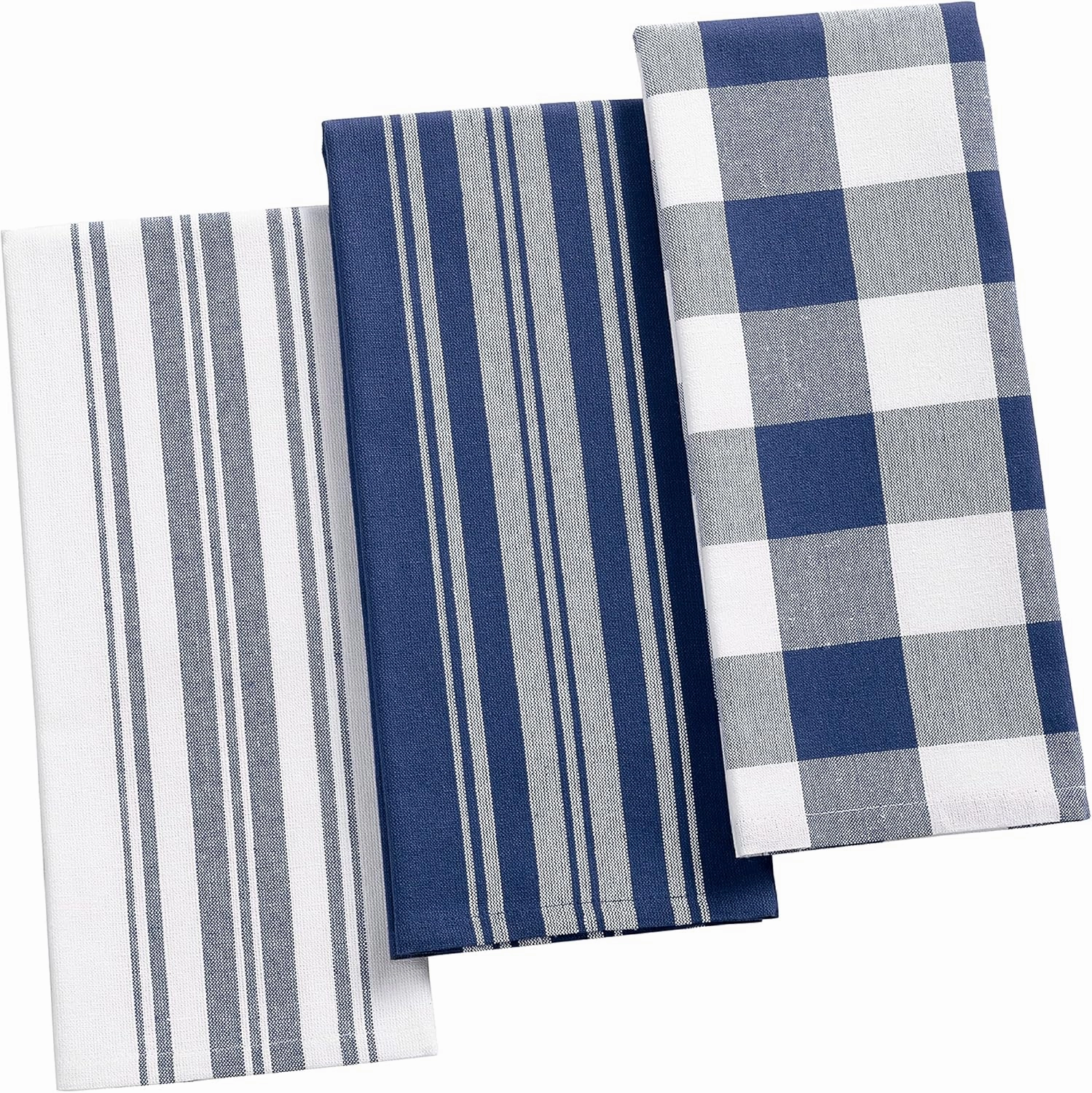 Elrene Home Fashions Farmhouse Living Stripe and Check Kitchen Towels, 17" x 28" (Set of 3), Blue/White 3