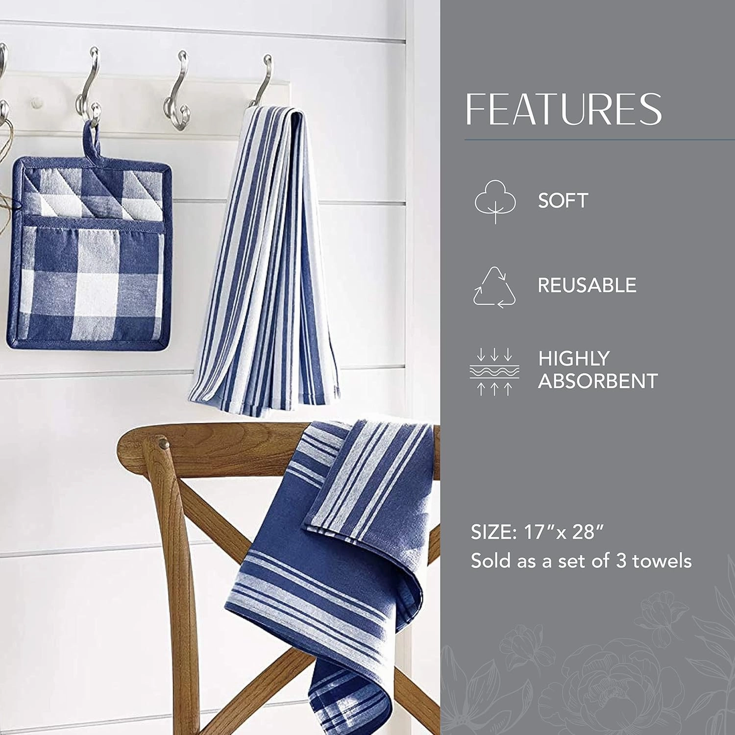 Elrene Home Fashions Farmhouse Living Stripe and Check Kitchen Towels, 17" x 28" (Set of 3), Blue/White 3