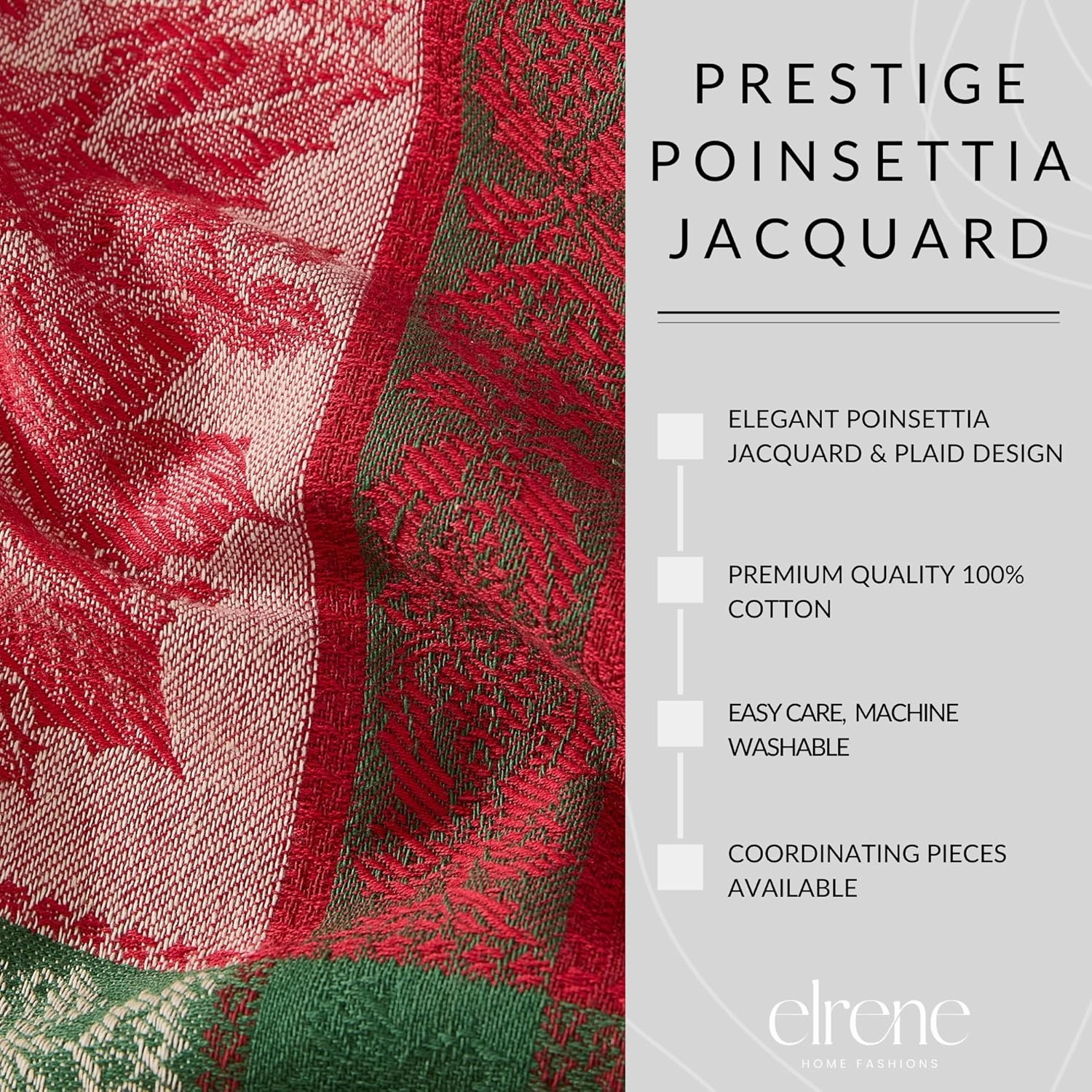 Elrene Home Fashions Prestige Poinsettia Jacquard Woven Cotton Christmas/Holiday Rectangle Tablecloth, 52"x70"