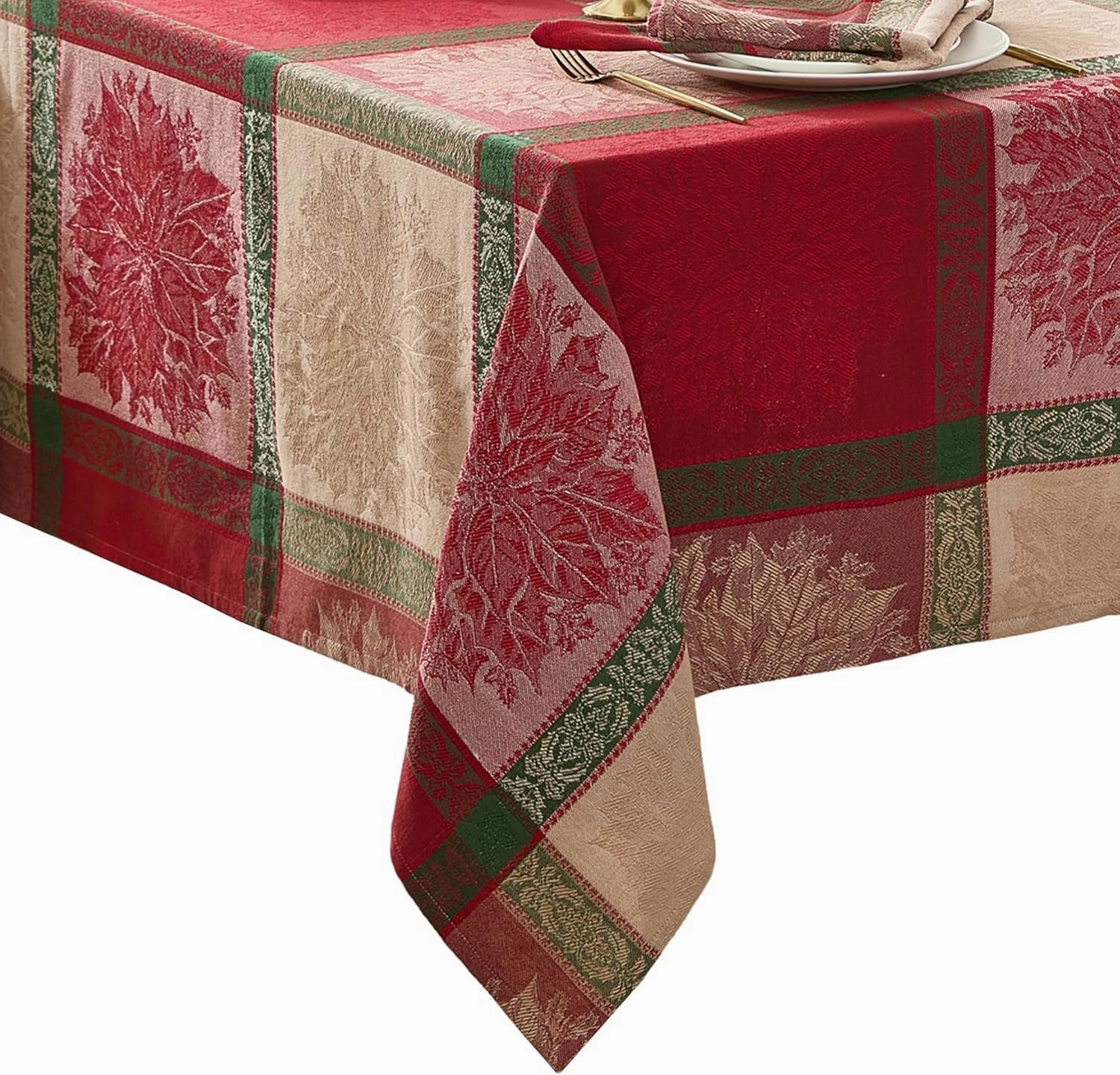 Elrene Home Fashions Prestige Poinsettia Jacquard Woven Cotton Christmas/Holiday Rectangle Tablecloth, 52"x70"