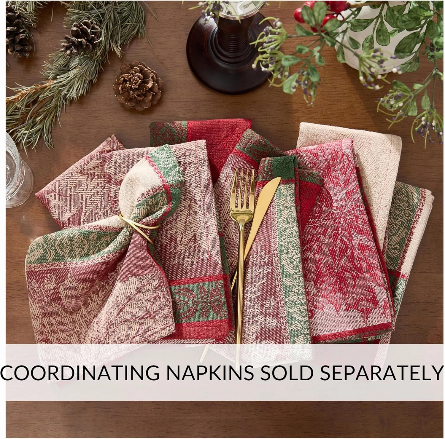 Elrene Home Fashions Prestige Poinsettia Jacquard Woven Cotton Christmas/Holiday Rectangle Tablecloth, 52"x70"