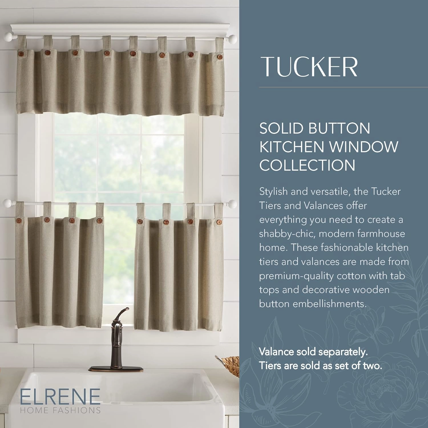 Elrene Home Fashions Tucker Button Solid Window Valance for Kitchen or Bathroom, 60 Inches by 15 Inches, Linen, 1 Valance