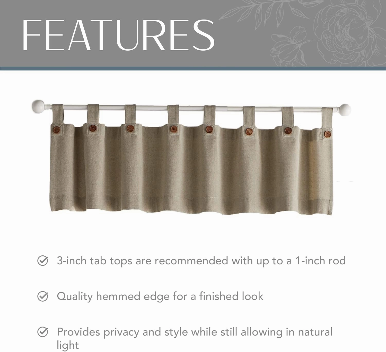 Elrene Home Fashions Tucker Button Solid Window Valance for Kitchen or Bathroom, 60 Inches by 15 Inches, Linen, 1 Valance