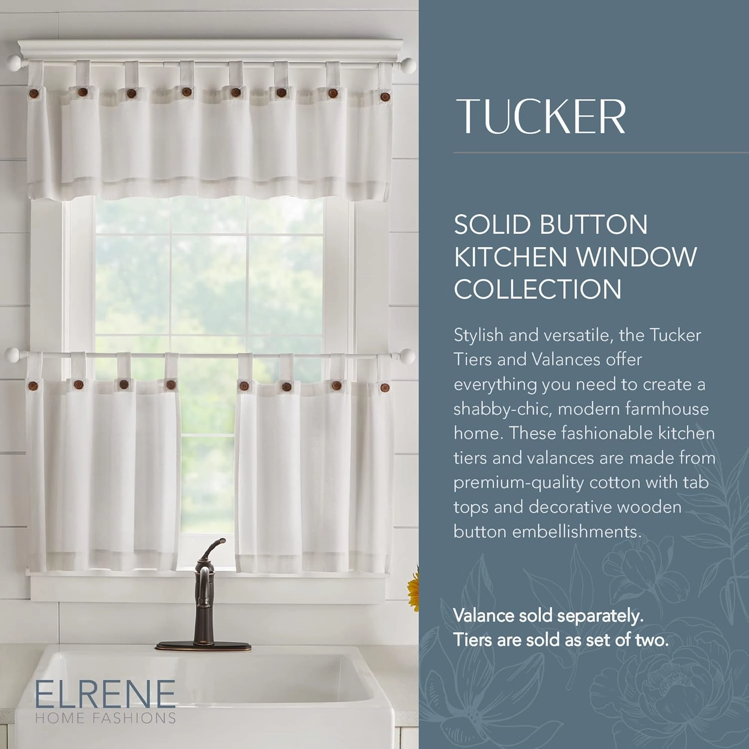 Elrene Home Fashions Tucker Button Solid Window Valance for Kitchen or Bathroom, 60 Inches by 15 Inches, White, 1 Valance