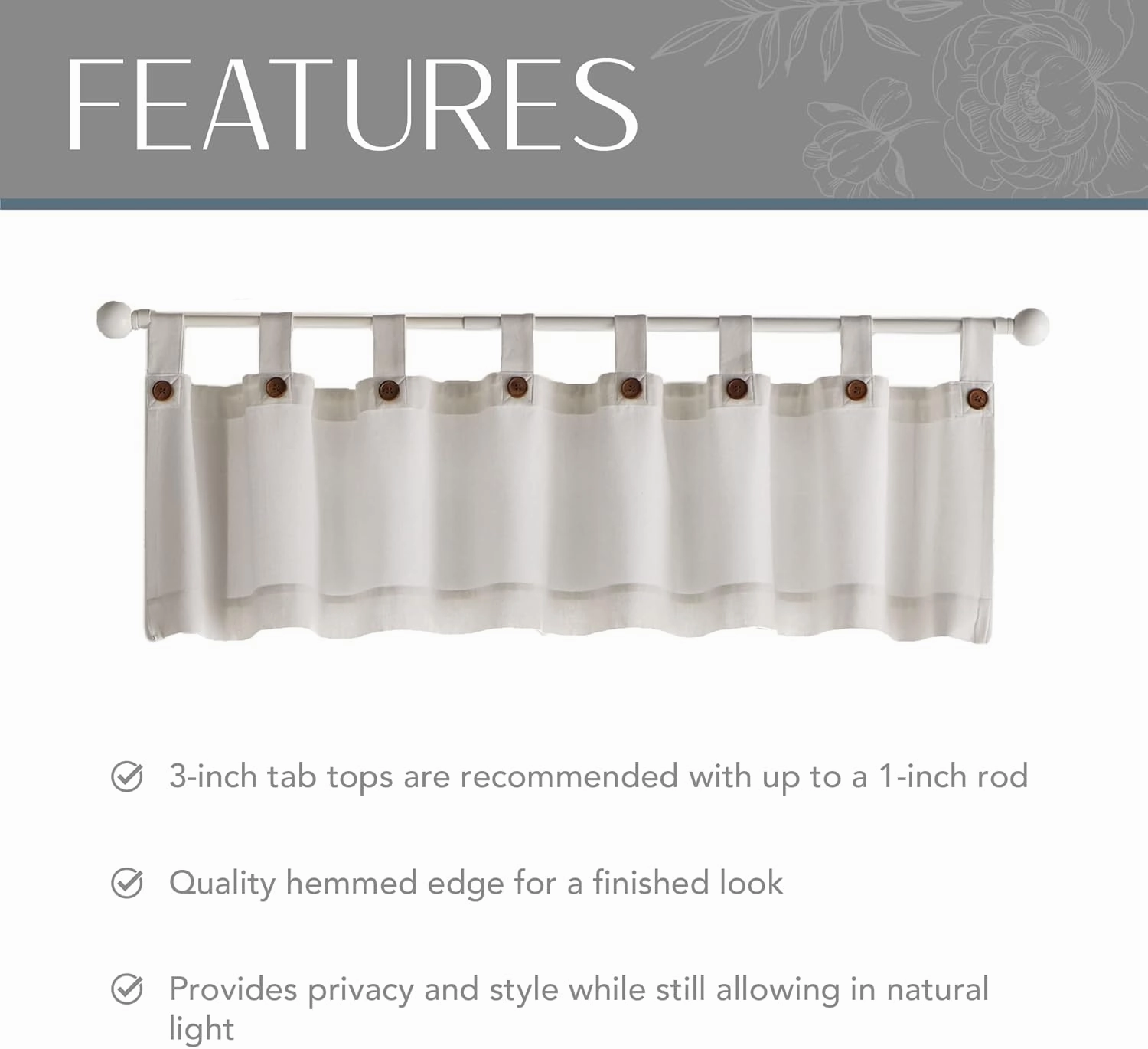 Elrene Home Fashions Tucker Button Solid Window Valance for Kitchen or Bathroom, 60 Inches by 15 Inches, White, 1 Valance