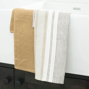 Elsie & Zoey Kitchen Tea Towels - 3-Piece Tan Stripe Tea Towel Set, 2-Piece Tea Towels, 1-Piece Storage Bag with Handle, 100% Cotton Dish and Hand Towels for Drying & Décor, 16" x 27"