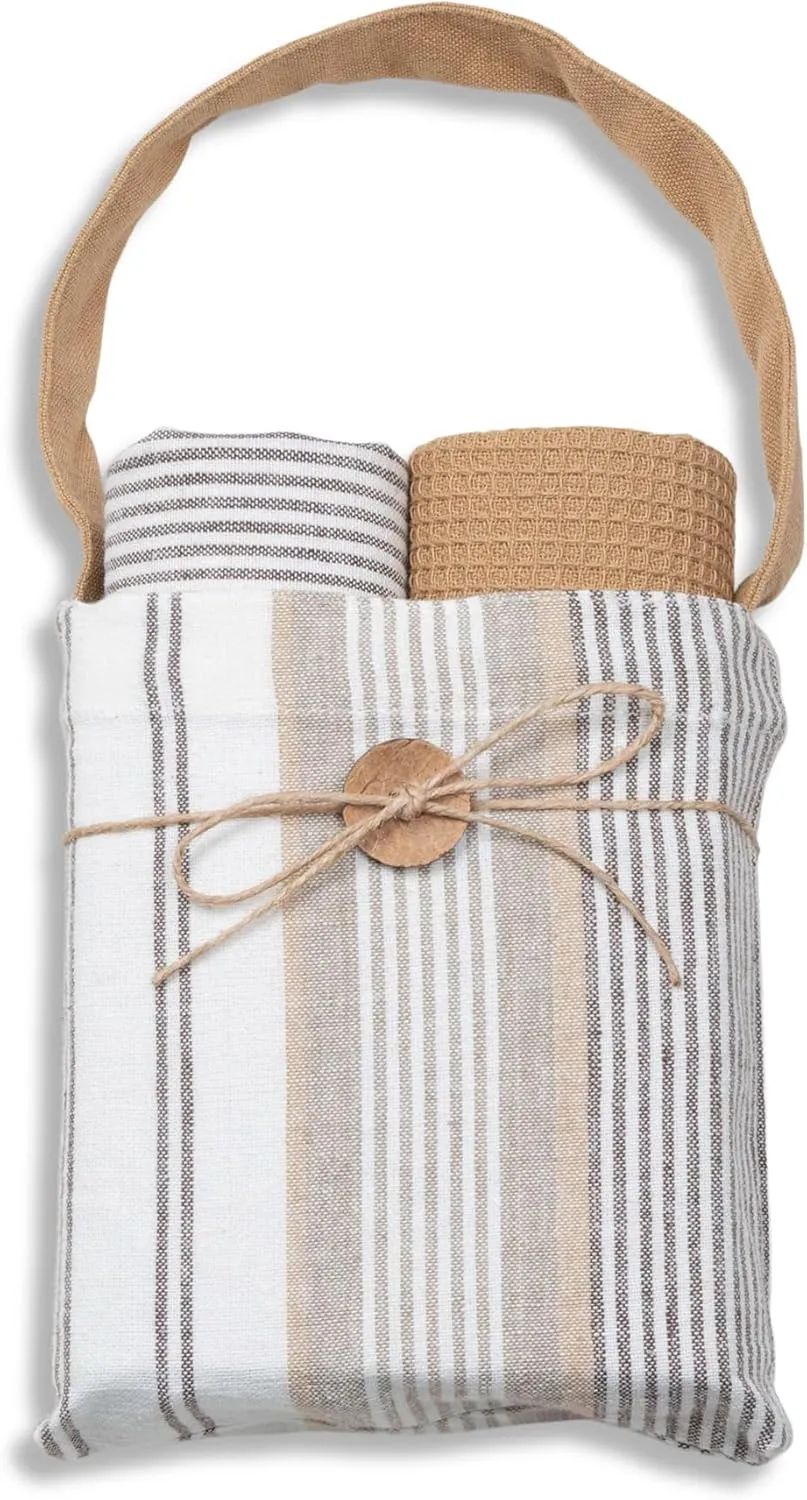 Elsie & Zoey Kitchen Tea Towels - 3-Piece Tan Stripe Tea Towel Set, 2-Piece Tea Towels, 1-Piece Storage Bag with Handle, 100% Cotton Dish and Hand Towels for Drying & Décor, 16" x 27"