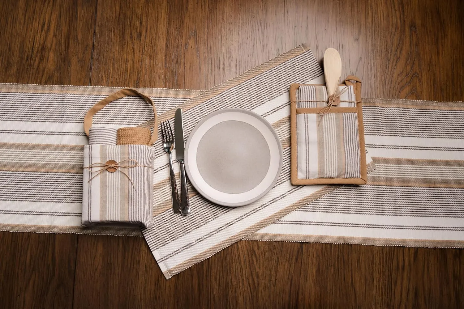Elsie & Zoey Kitchen Tea Towels - 3-Piece Tan Stripe Tea Towel Set, 2-Piece Tea Towels, 1-Piece Storage Bag with Handle, 100% Cotton Dish and Hand Towels for Drying & Décor, 16" x 27"