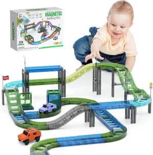 ELX Magnetic Tiles Race Track Set,59PCS Magnet Building Blocks Track with 2 Cars and Roads Signs,STEM Education Magnetic Toy for Toddlers Ages 3 ,Christmas Birthday Present for Kids