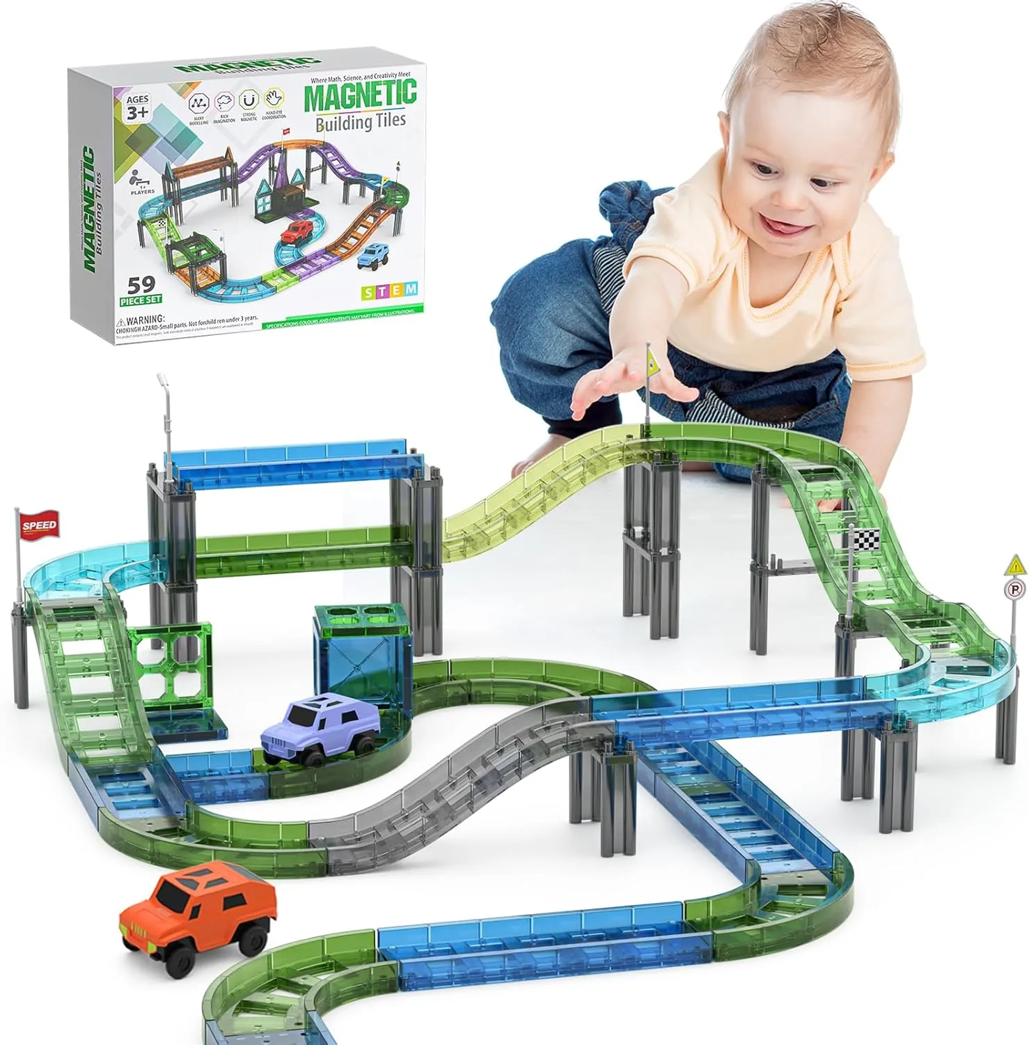 ELX Magnetic Tiles Race Track Set,59PCS Magnet Building Blocks Track with 2 Cars and Roads Signs,STEM Education Magnetic Toy for Toddlers Ages 3 ,Christmas Birthday Present for Kids