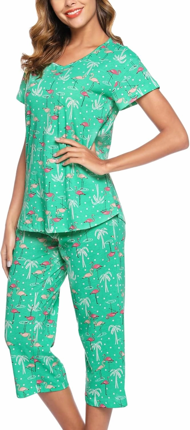 ENJOYNIGHT Womens Pajama Sets Cotton Pj Set Short Sleeve Top With Capri Pants Sleepwear 2 Piece Lounge Set