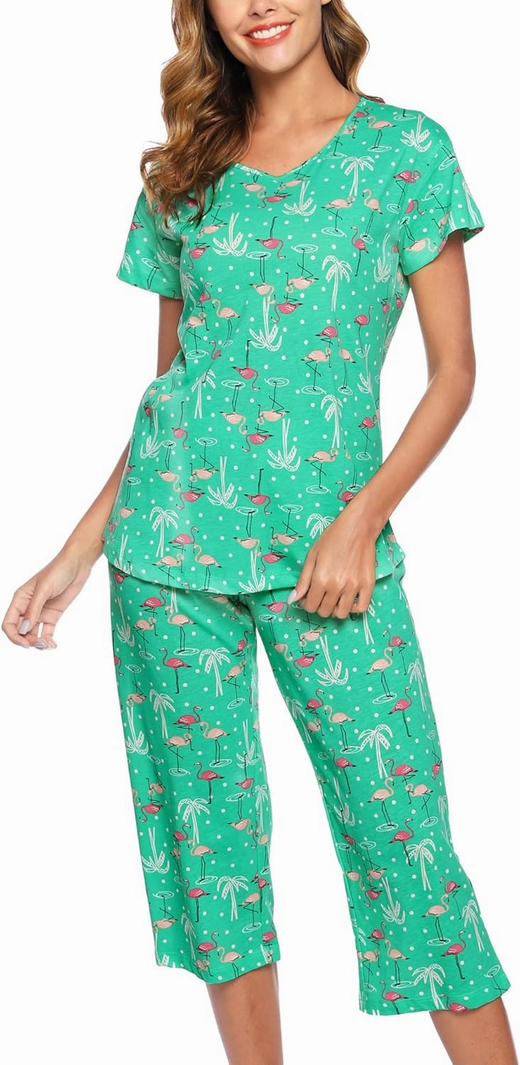 ENJOYNIGHT Womens Pajama Sets Cotton Pj Set Short Sleeve Top With Capri Pants Sleepwear 2 Piece Lounge Set
