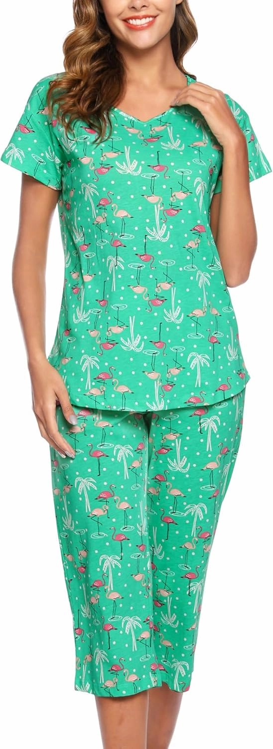 ENJOYNIGHT Womens Pajama Sets Cotton Pj Set Short Sleeve Top With Capri Pants Sleepwear 2 Piece Lounge Set
