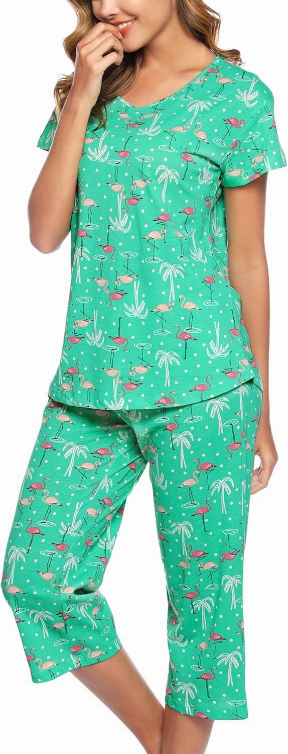 ENJOYNIGHT Womens Pajama Sets Cotton Pj Set Short Sleeve Top With Capri Pants Sleepwear 2 Piece Lounge Set