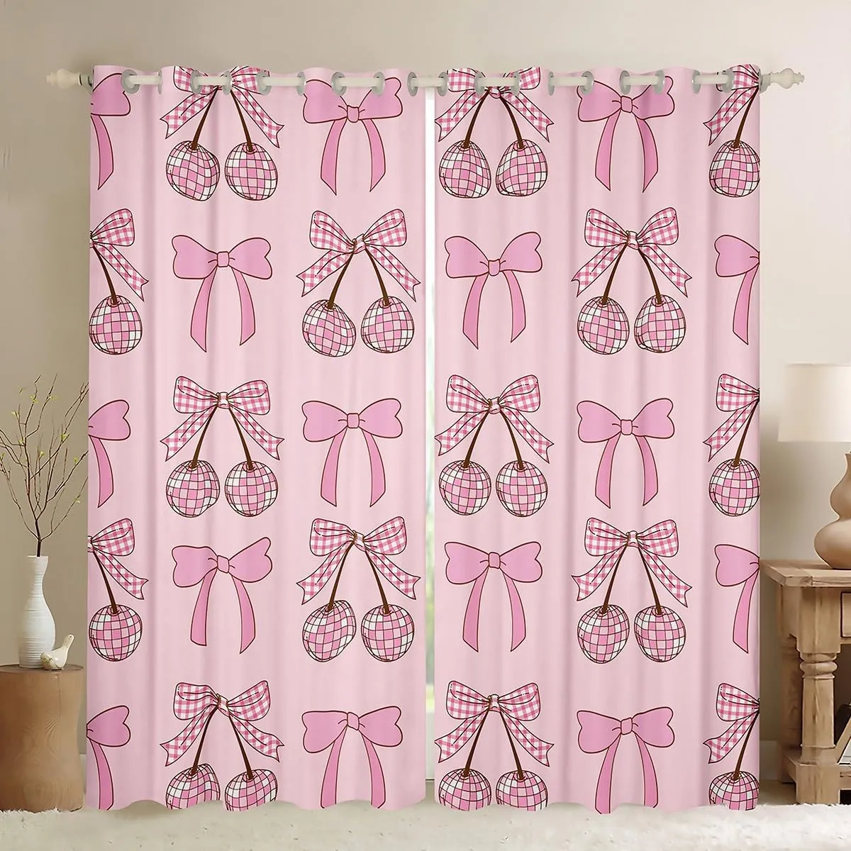 Erosebridal Cute Pink Bow Tie Curtains,Funky Groovy Disco Ball Kawaii Curtains for Kids Girls Living Room Decor,Bowtie Cherry Curtains Princess Girly Window Curtains 2 Panels 42" Wx90 L