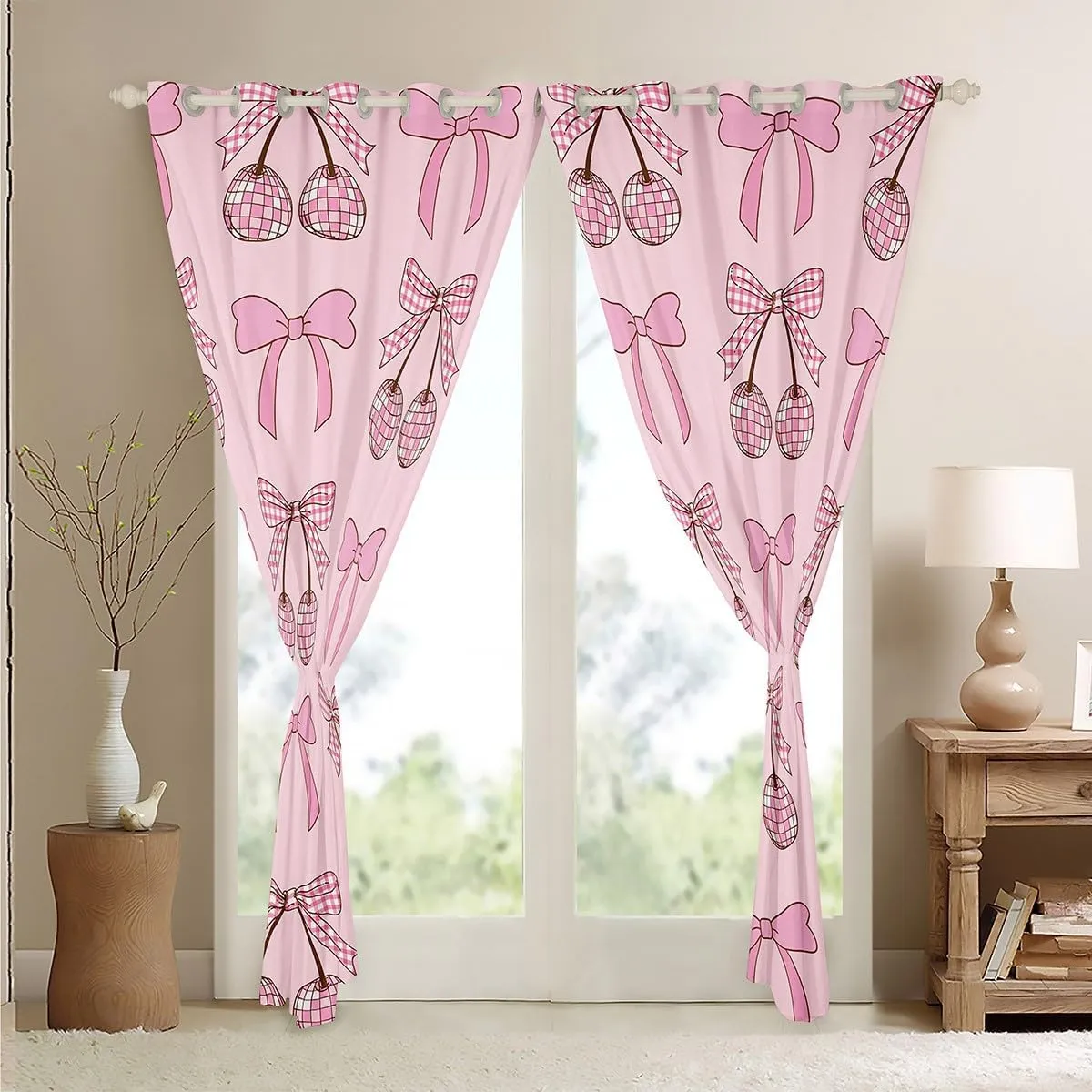Erosebridal Cute Pink Bow Tie Curtains,Funky Groovy Disco Ball Kawaii Curtains for Kids Girls Living Room Decor,Bowtie Cherry Curtains Princess Girly Window Curtains 2 Panels 42" Wx90 L