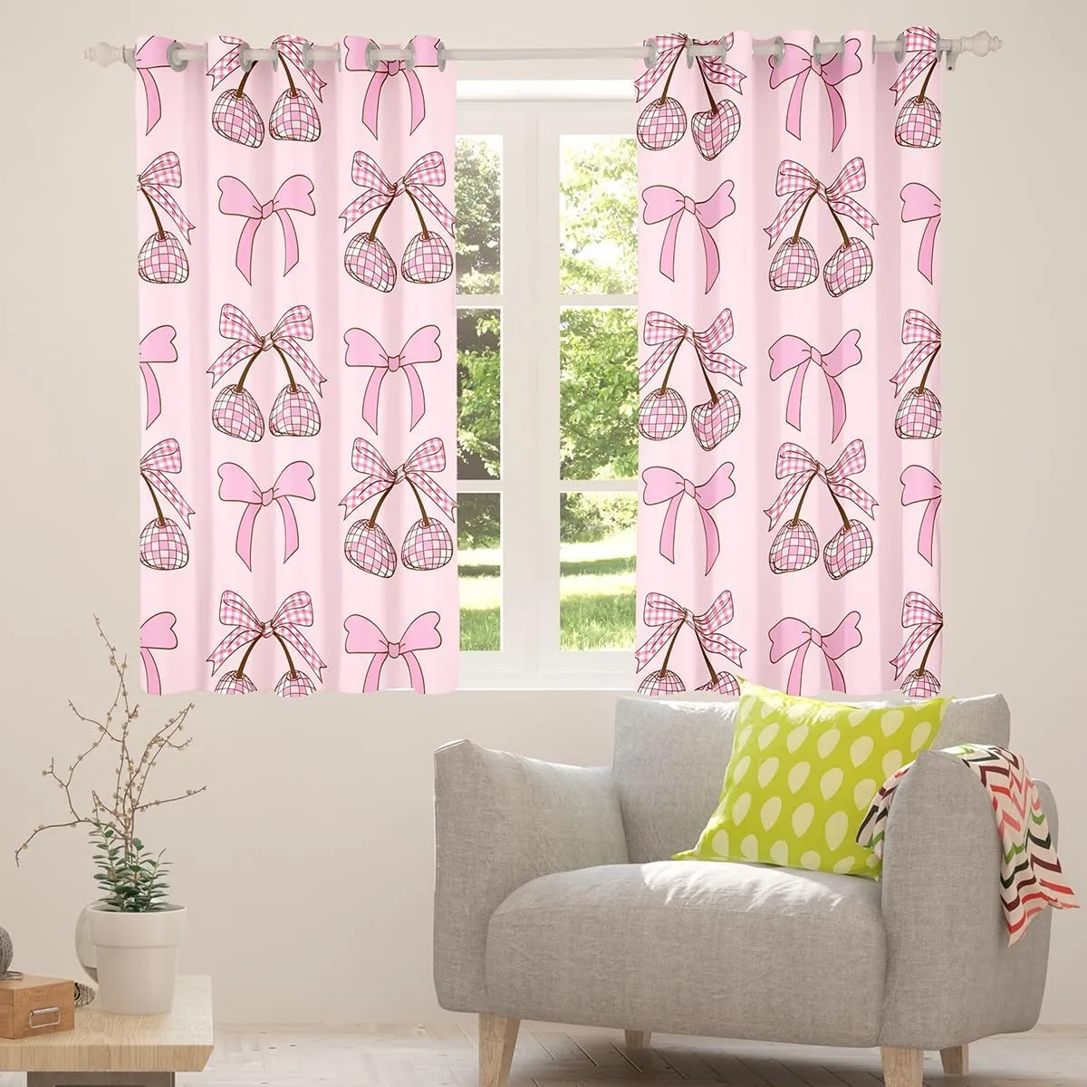Erosebridal Cute Pink Bow Tie Curtains,Funky Groovy Disco Ball Kawaii Curtains for Kids Girls Living Room Decor,Bowtie Cherry Curtains Princess Girly Window Curtains 2 Panels 42" Wx90 L