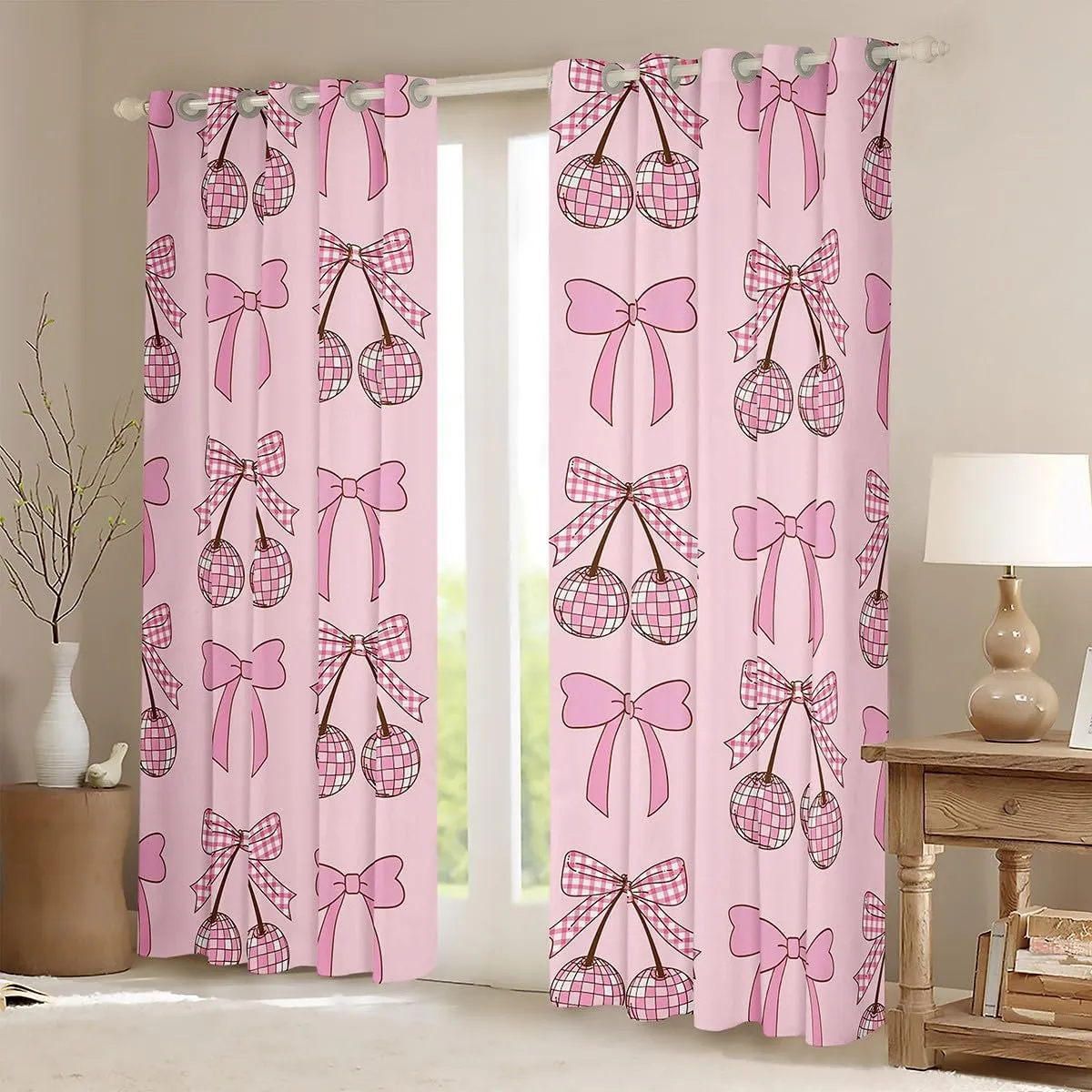 Erosebridal Cute Pink Bow Tie Curtains,Funky Groovy Disco Ball Kawaii Curtains for Kids Girls Living Room Decor,Bowtie Cherry Curtains Princess Girly Window Curtains 2 Panels 42" Wx90 L