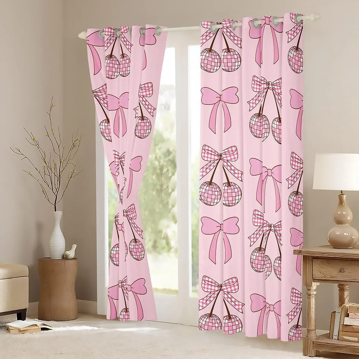 Erosebridal Cute Pink Bow Tie Curtains,Funky Groovy Disco Ball Kawaii Curtains for Kids Girls Living Room Decor,Bowtie Cherry Curtains Princess Girly Window Curtains 2 Panels 42" Wx90 L