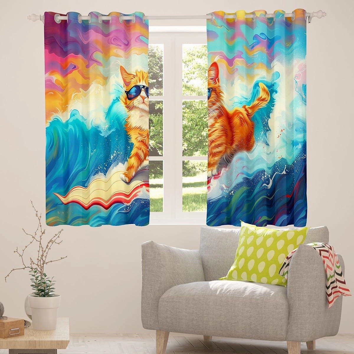 Erosebridal Surf Cat Curtains & Drapes,Surfboard Surfer Window Curtains,Funny Cat Surfing Window Treatments for Kids Girls Boys,Coastal Beach Ocean Waves Bedroom Decor,2 Panels 38" Wx45 L