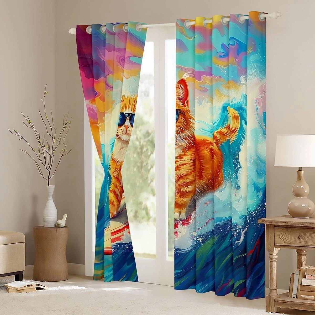 Erosebridal Surf Cat Curtains & Drapes,Surfboard Surfer Window Curtains,Funny Cat Surfing Window Treatments for Kids Girls Boys,Coastal Beach Ocean Waves Bedroom Decor,2 Panels 38" Wx45 L