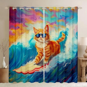 Erosebridal Surf Cat Curtains & Drapes,Surfboard Surfer Window Curtains,Funny Cat Surfing Window Treatments for Kids Girls Boys,Coastal Beach Ocean Waves Bedroom Decor,2 Panels 38" Wx45 L