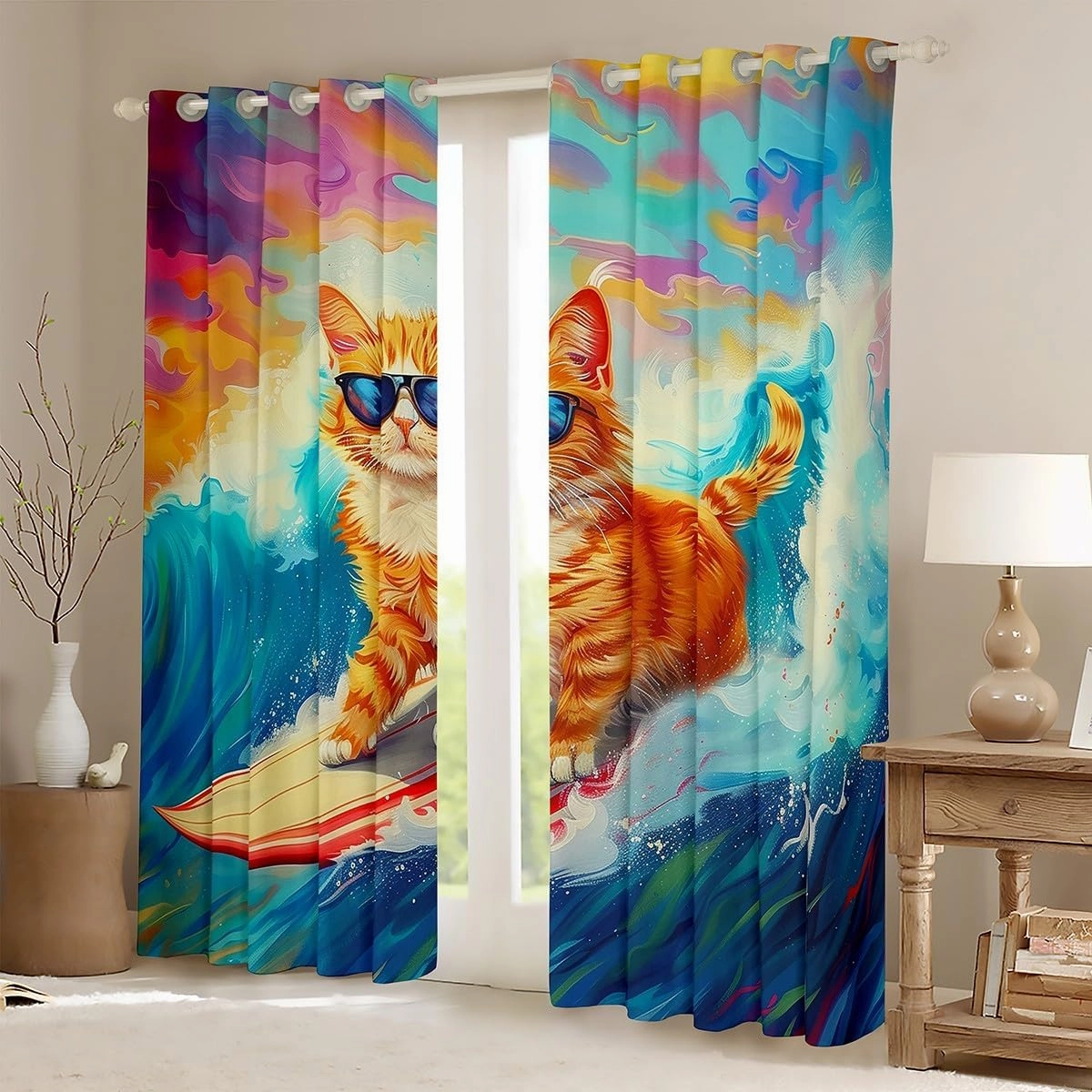 Erosebridal Surf Cat Curtains & Drapes,Surfboard Surfer Window Curtains,Funny Cat Surfing Window Treatments for Kids Girls Boys,Coastal Beach Ocean Waves Bedroom Decor,2 Panels 38" Wx45 L
