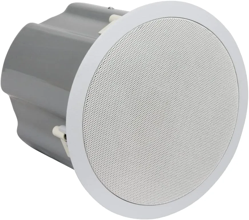 ES-62T 6.5-Inch Coaxial Ceiling Speaker with Transformer, Grille, Enclosure, Mounting Ring/Rails; High-Frequency PEI Tweeter/Acoustic Lens; 32 W Transformer; Steel Back-Can