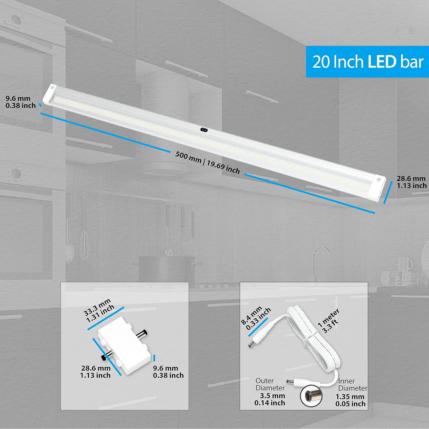 EShine Extra Long 20 inch LED Dimmable Under Cabinet Lighting Strip with Hand Wave Motion Sensor, White, with Accessories (No Power Supply Included), Cool White (6000K)