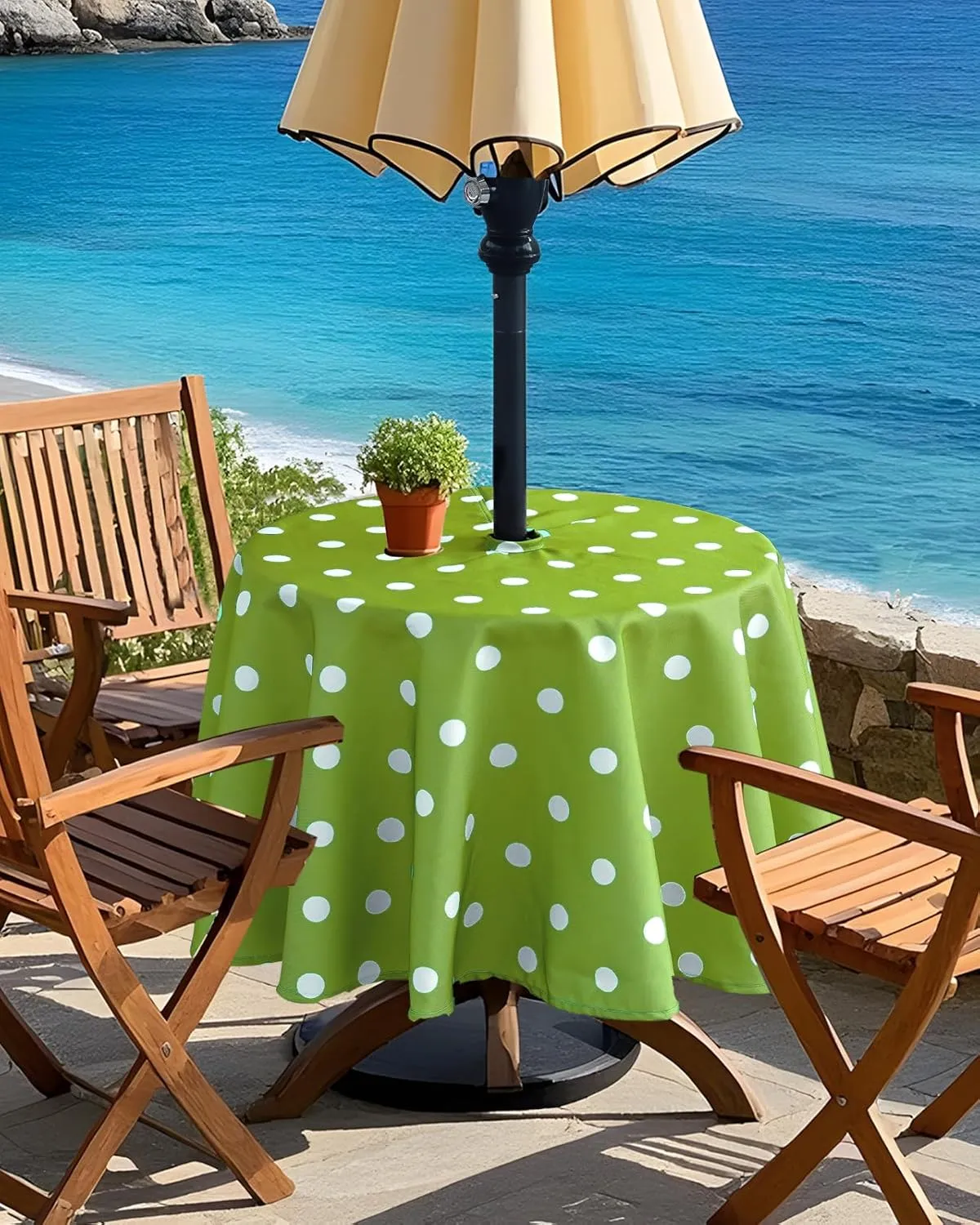 Eternal Beauty Outdoor Round Tablecloth with Umbrella Hole Zipper for Spring Summer Patio Picnic Tables, 60"(Green Polka Dot)
