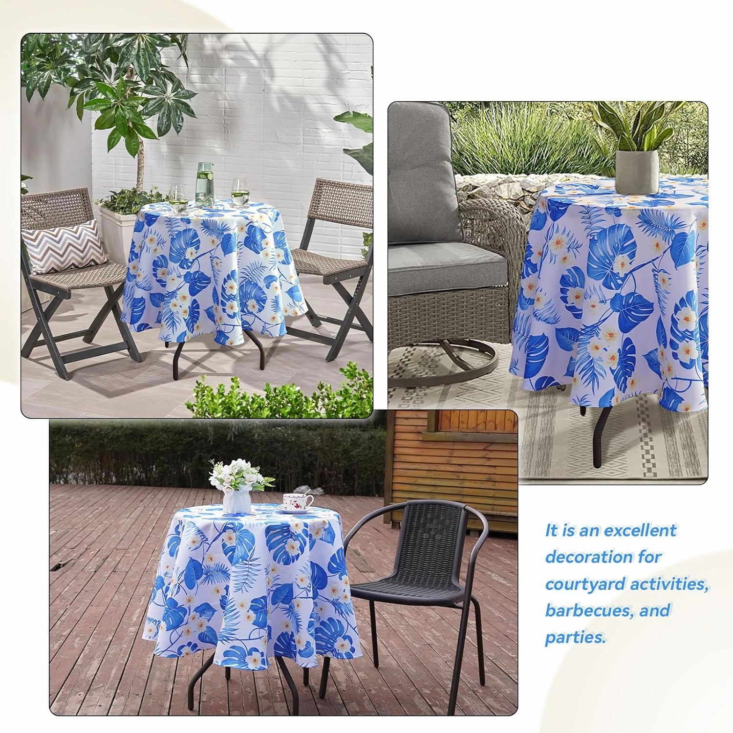 Eternal Beauty Outdoor Tablecloth Round SpillProof Table Cloth for Spring Summer Patio Picnic Tables,60” (Blue Flower)