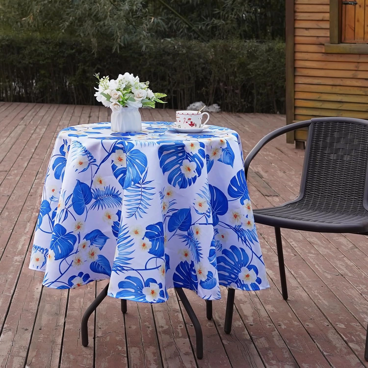 Eternal Beauty Outdoor Tablecloth Round SpillProof Table Cloth for Spring Summer Patio Picnic Tables,60” (Blue Flower)
