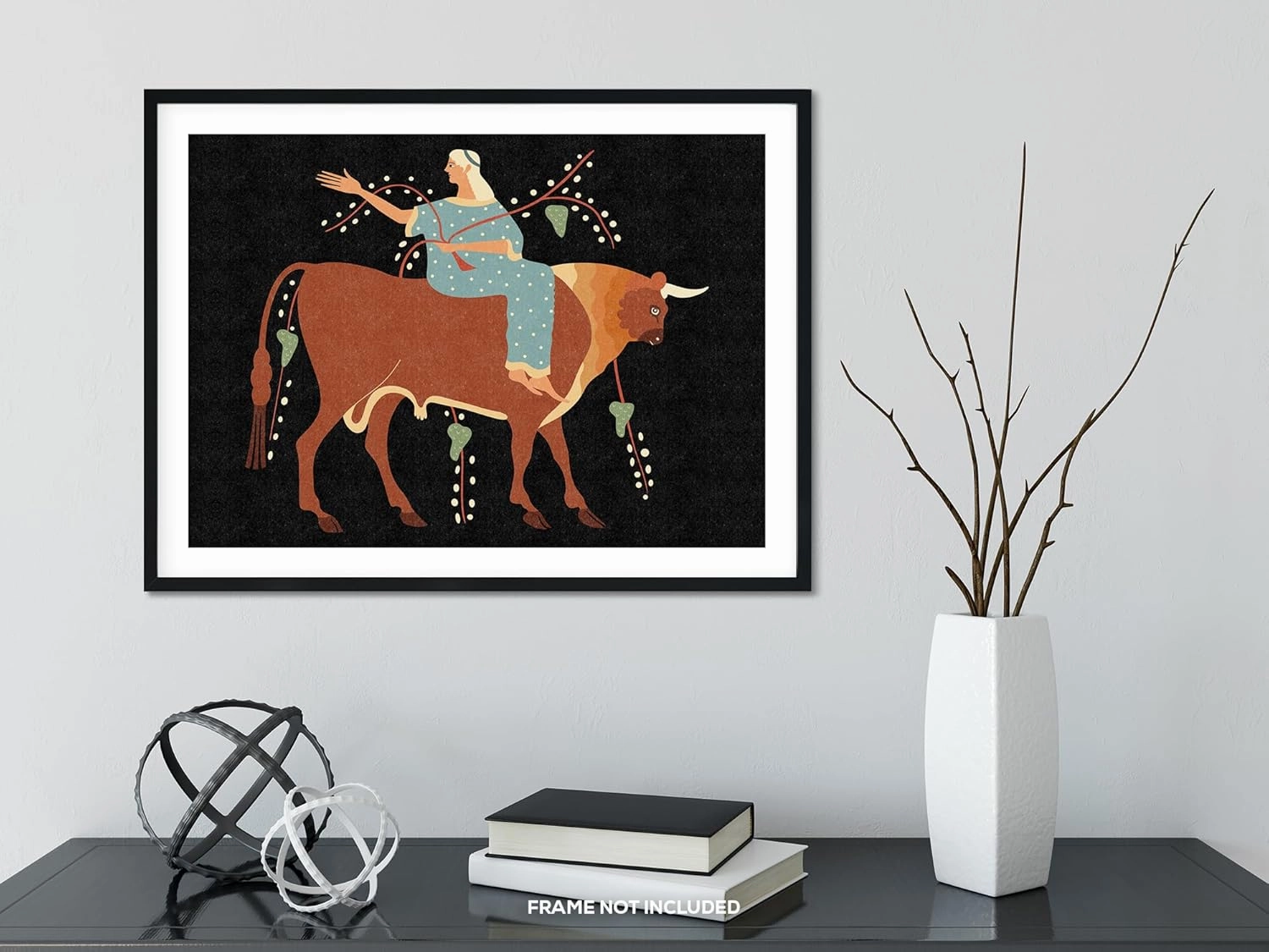 Europa – Art Print – Minimalist Mythology Poster | Bull and Goddess Illustration | Feminine Folk Wall Decor in Earth Tones | Modern Symbolic Art for Home or Studio (10 x 8.5)