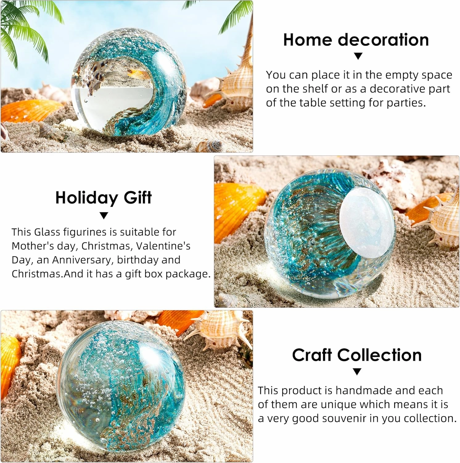 EUSTUMA Hand Blown Glass Figurines Ball Ocean Waves,Office Paperweight Glass for Desk,Home Decor Collectible,Aquarium Decor,Office Decor Ocean Lovers (Waves)
