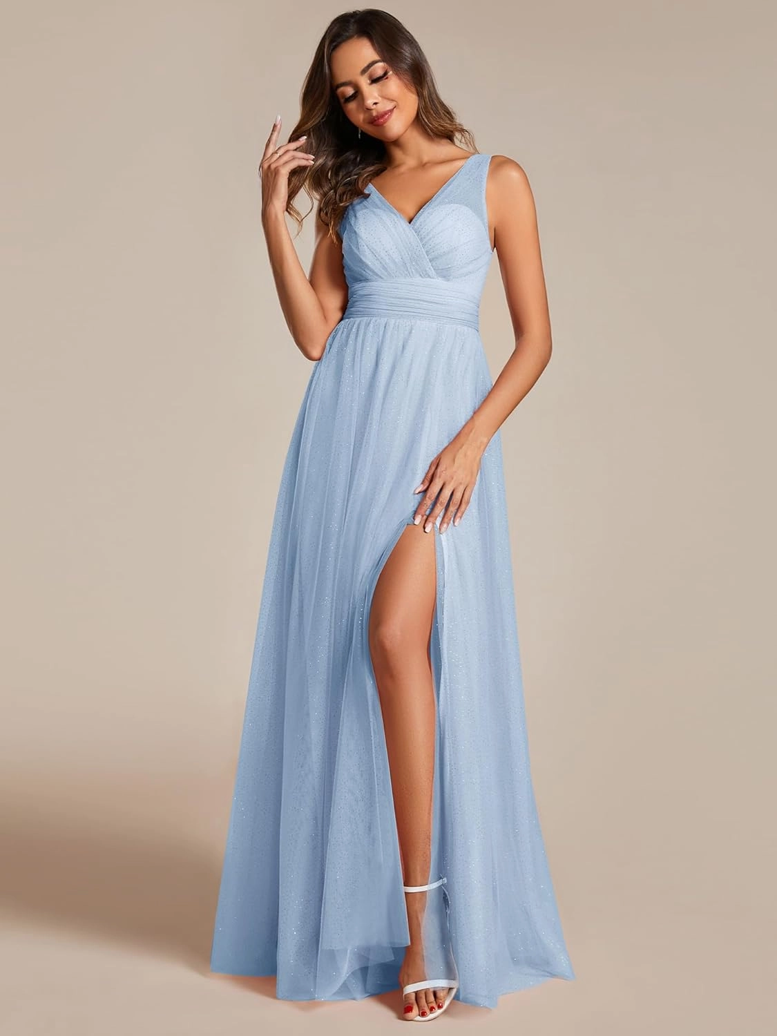 Ever-Pretty Women's Sleeveless V Neck A Line Glitter Floor Length Split Formal Dresses S0014