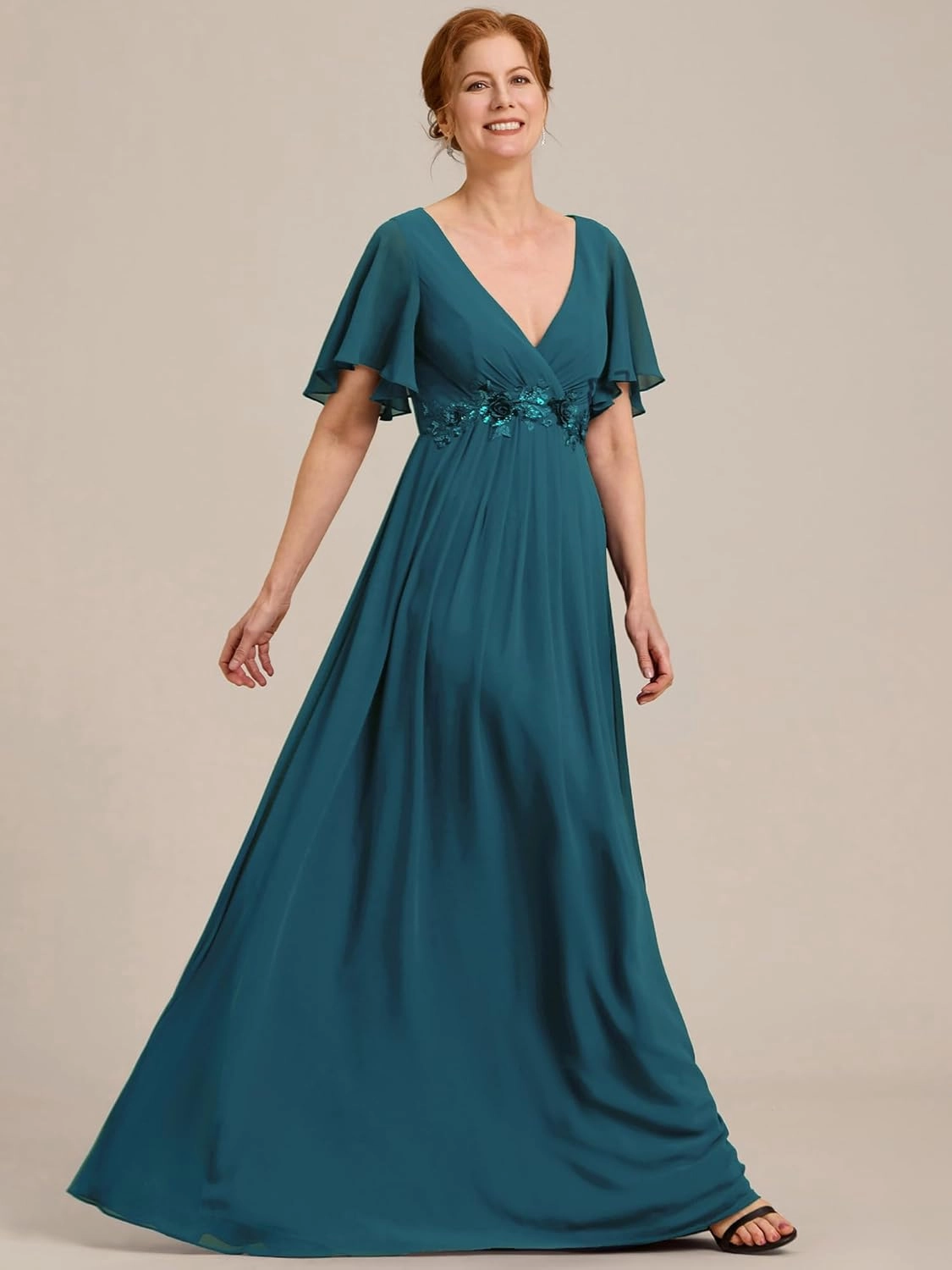 Ever-Pretty Women's V Neck Appliques Pleated Chiffon A Line Floor Length Mother of The Bride Dresses
