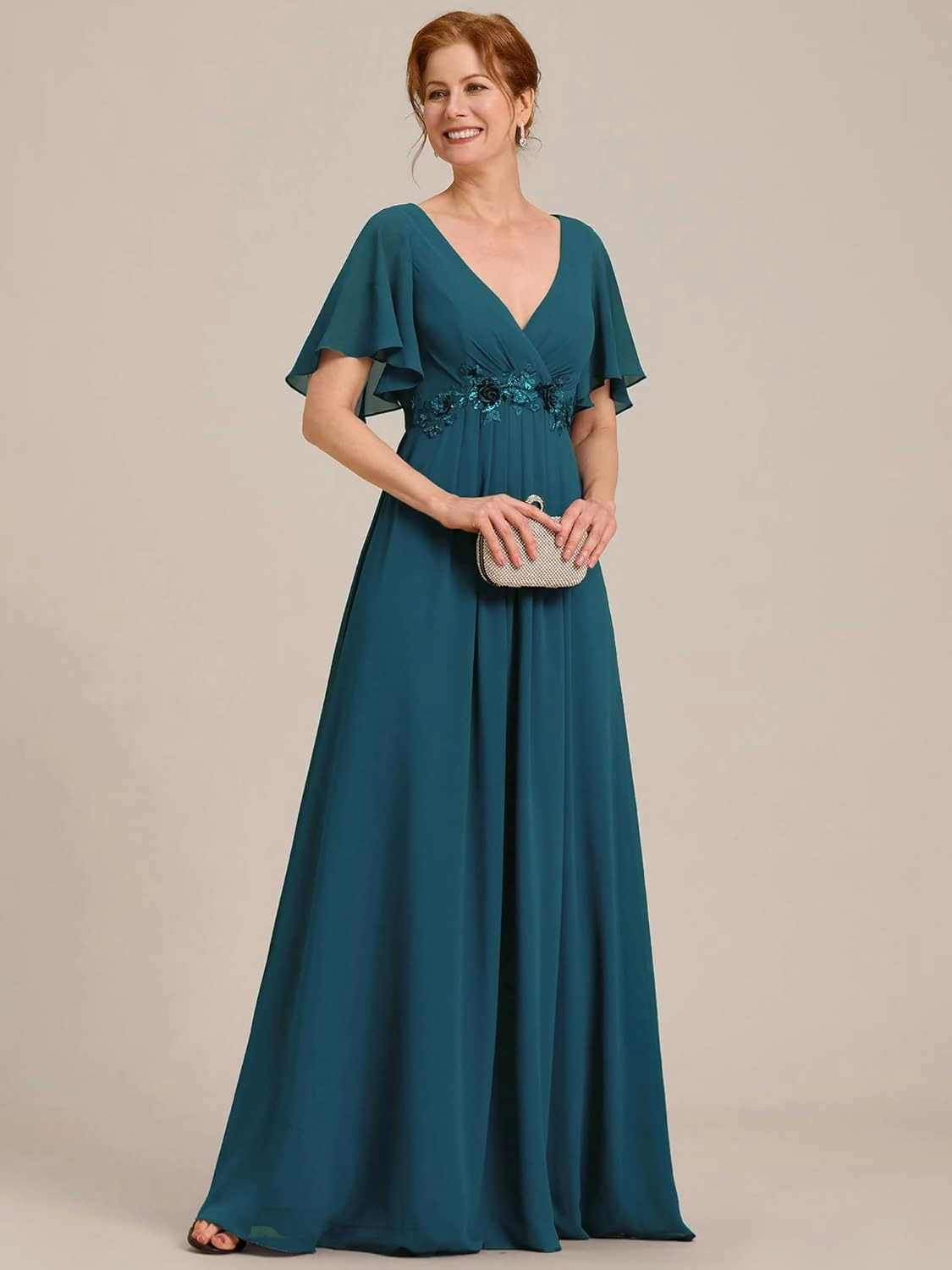 Ever-Pretty Women's V Neck Appliques Pleated Chiffon A Line Floor Length Mother of The Bride Dresses