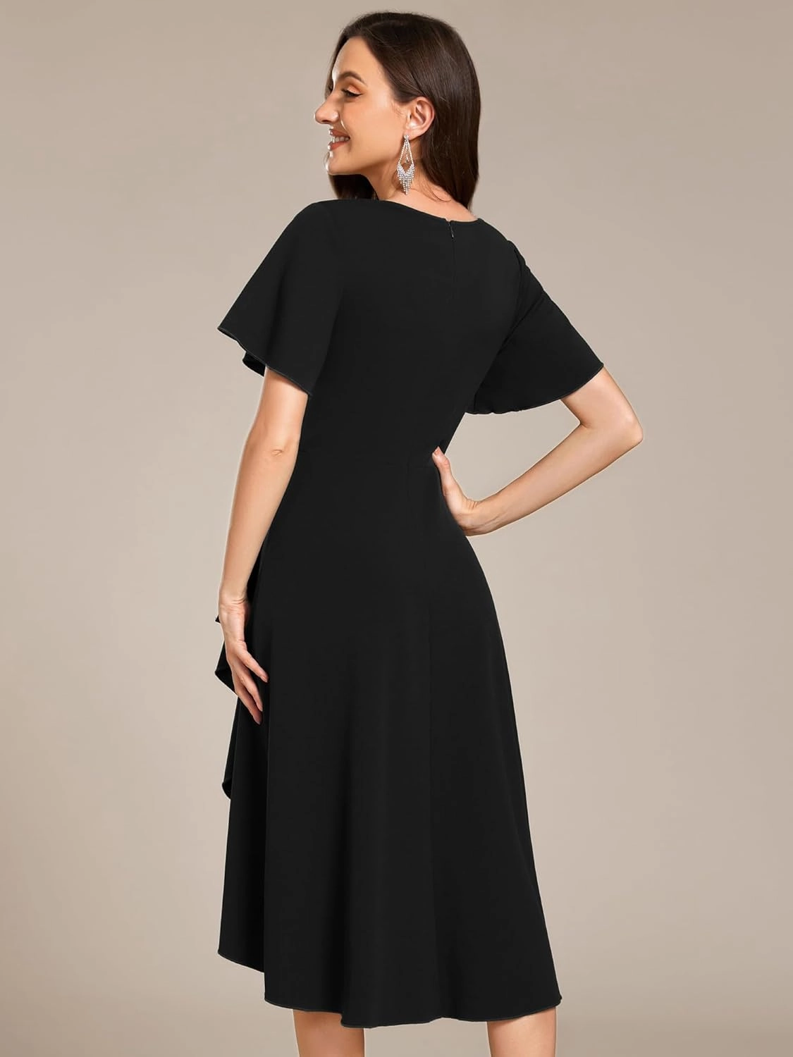 Ever-Pretty Women's V-Neck Pleated Short Ruffles Sleeves Hi-Lo Midi A Line Cocktail Dresses 02327