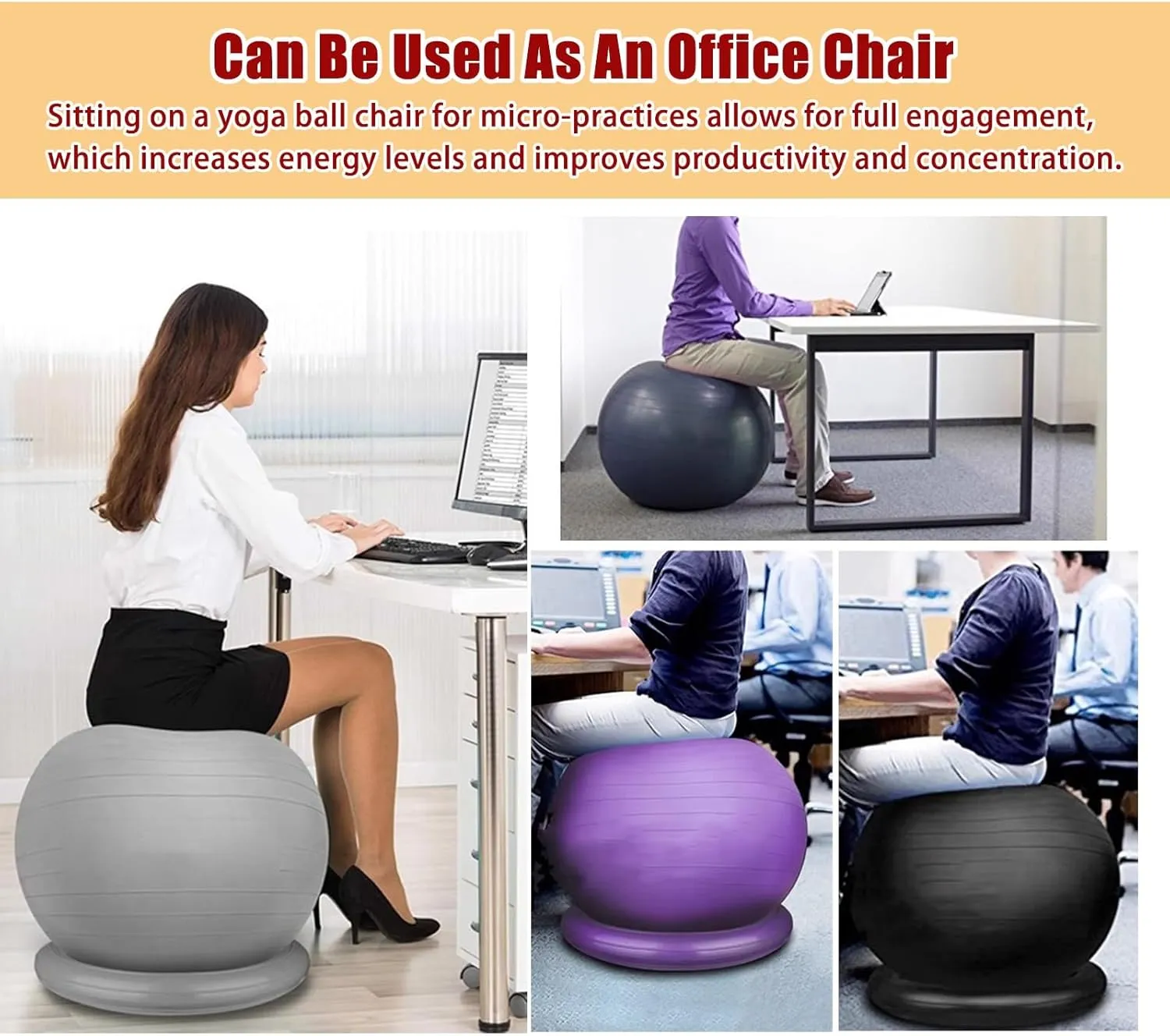 Exercise Ball Chair & Anti-slip Stability Base, 55/65/75cm 3 Sizes Anti-Burst Balance Ball Office Chair, Gym Ball - Pregnancy Pilates Yoga Childbirth ( Color : Black , Size : 65cm (Height 160-165cm) )